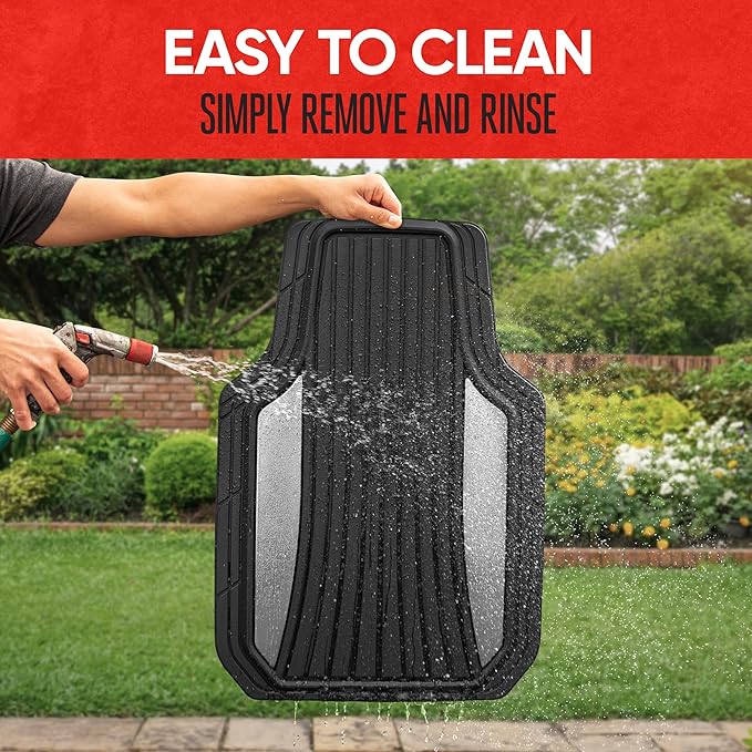 Motor Trend ChromeTech Car Floor Mats Full Set - Durable Rubber Floor Mats for Cars with Two Tone Accent, All Weather Interior Protection for Front and Rear with Non-Slip Backing, Silver Chrome