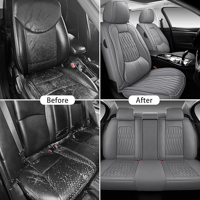 WELLDO Car Seat Covers Full Set, Premium Nappa Leather Seat Covers for Car, Waterproof Car Seat Protector with Lumbar Support, Automotive Seat Covers Universal Fit for Most Cars SUV Truck,Gray,w02.