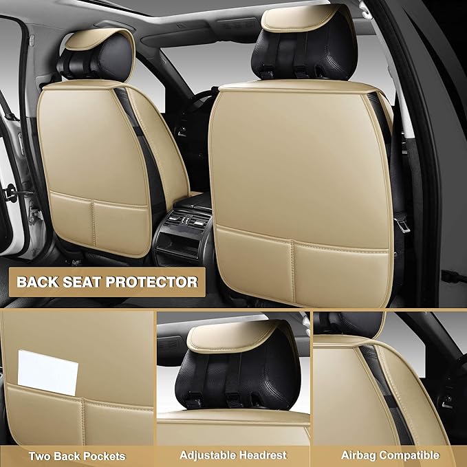 AOOG Leather Car Seat Covers for Cars SUV Pick-up Truck, Universal Full Set, Beige