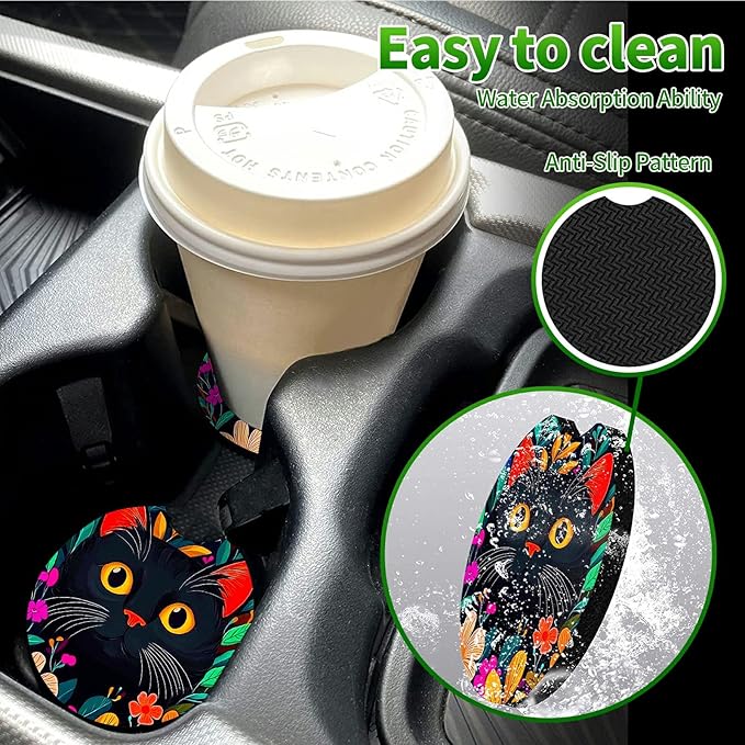 Universal Auto Center Console Pad and 2Pcs Car Coasters Set, Anti Slip Soft Neoprene Car Armrest Seat Box Cover Protector for Most Vehicle - Car Interior Accessories, Wildflower Black Cat