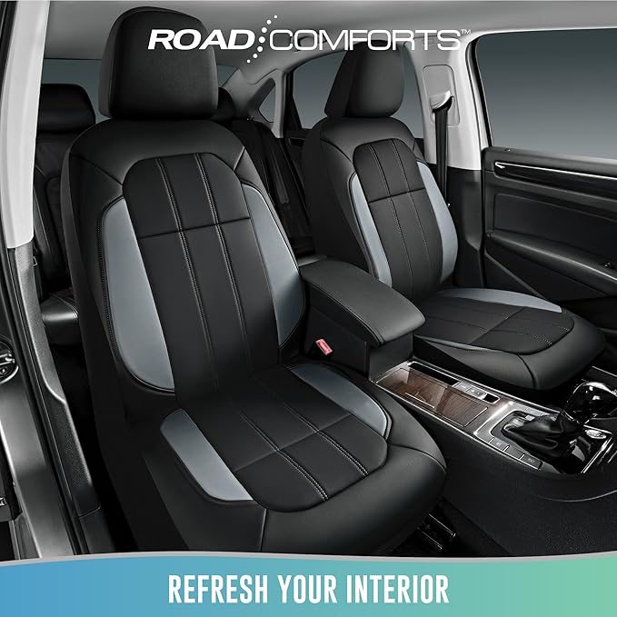 Road Comforts Car Seat Covers, Breathable Leather Seat Covers, Car Seat Covers Front Seats Airbag Compatible, Automotive Seat Covers for Most Cars, Vans, Trucks, SUV- Gray