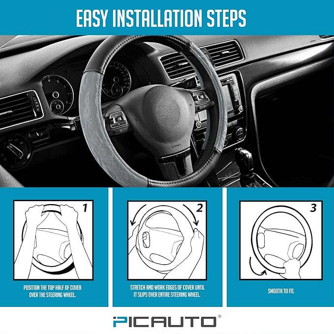 PIC AUTO Steering Wheel Cover, Silk Grain Leather Car Steering Wheel Protector, Comfortable Grip, Universal 14.5-15.5 Inch Anti-Slip Steering Wheels Accessories for Men & Women (Gray)