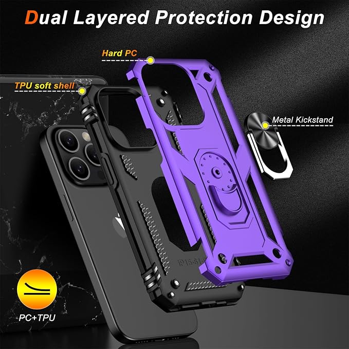 IKAZZ for iPhone 14 Pro Case 6.1 Inch with Screen Protector,Military Grade Shockproof Heavy Duty Protective Phone Cover Pass 16ft Drop Test with Magnetic Kickstand Car Holder,Purple