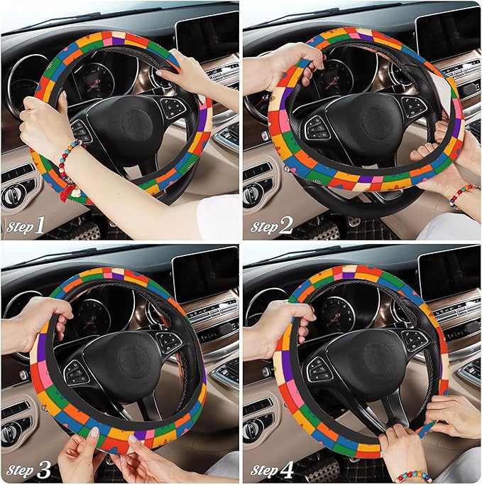 Abstract Groovy Flowers Steering Wheel Covers Universal 15 Inch Car Wheel Cover,Anti-Slip Breathable Car Accessories Protector Fit for Trucks,Sedans,SUVs,Vans