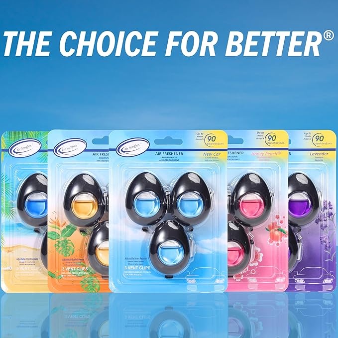 Air Jungles Car Air Freshener Vent Clip 3 Count, New Car Scent, 4 ml Each, Long-Lasting Car Odor Eliminator, Easy Clip-On, Up to 90 Days Freshness for Cars, Trucks, and SUVs