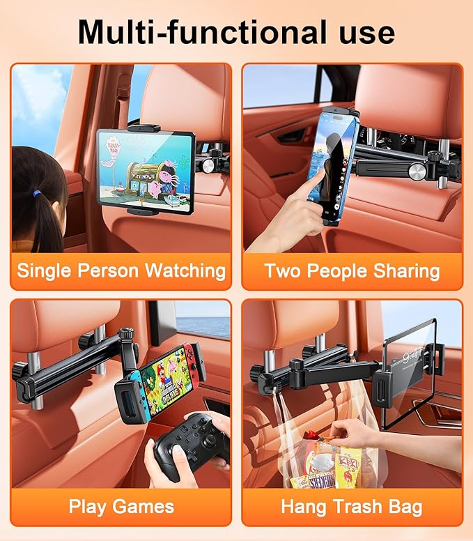 Extension Arm Tablet Holder for Car Headrest, Adjustable iPad Holder for Car Backseat Rear Facing for Kids Baby, Car Mount Fit for 4.7"-13" Cell Phone iPad mini Air Pro 12.9 Switch Fire, Black