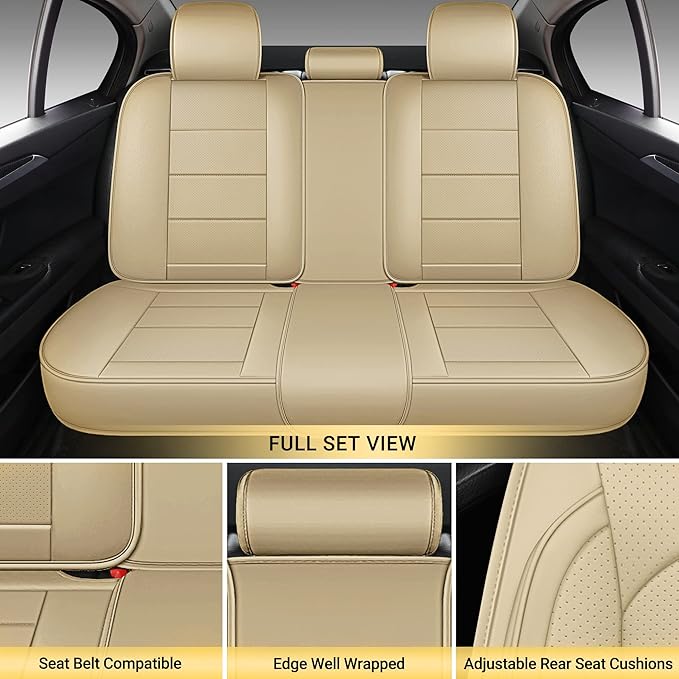 AOOG Leather Car Seat Covers with Car Backseat Organizer, Universal fit Automotive Vehicle Most Sedan SUV Pick-up Truck (Full Set, Beige)
