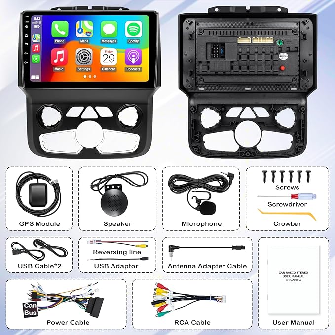 Car Stereo Radio for Dodge RAM 2013 2014 2015 2016 2017 2018 1500 2500 3500 Automatic AC, 9 inch Touch Screen Radio with Wireless CarPlay Android Auto Bluetooth GPS Navigation,2G Ram 32G ROM