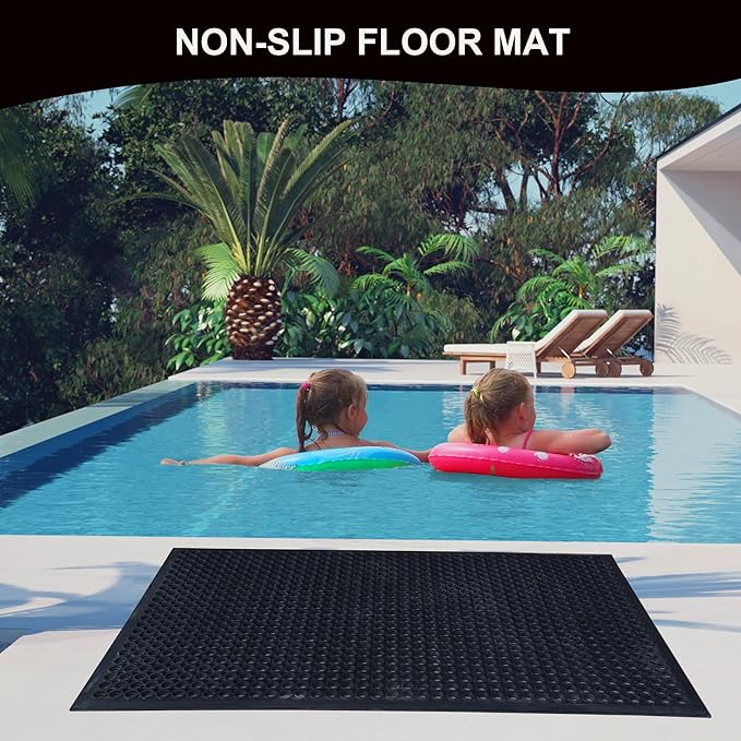 OrangeStar 2 Pack Rubber Floor Mat, 36"x60" Anti-Fatigue Door Mat w/Holes for Restaurant, Kitchen, Bar, Indoor/Outdoor, Black