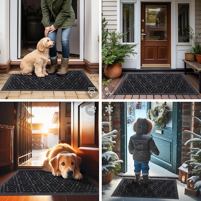 Smiry Front Door Mat Outside Entrance, Heavy Duty Sturdy Natural Rubber Doormat, Trap Dirt and Moisture, Easy Clean Low Profile Mats for Indoor Outdoor Entry, Grid Geometric (59x35, Black)