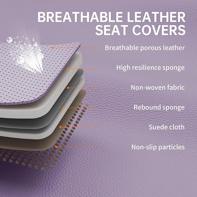 Purple Car Seat Covers Full Set, Waterproof Luxury Leather Purple Seat Covers for Women, Non-Slip Front & Rear Seats Cover Sets Universal Fit for Most Cars SUVs Trucks