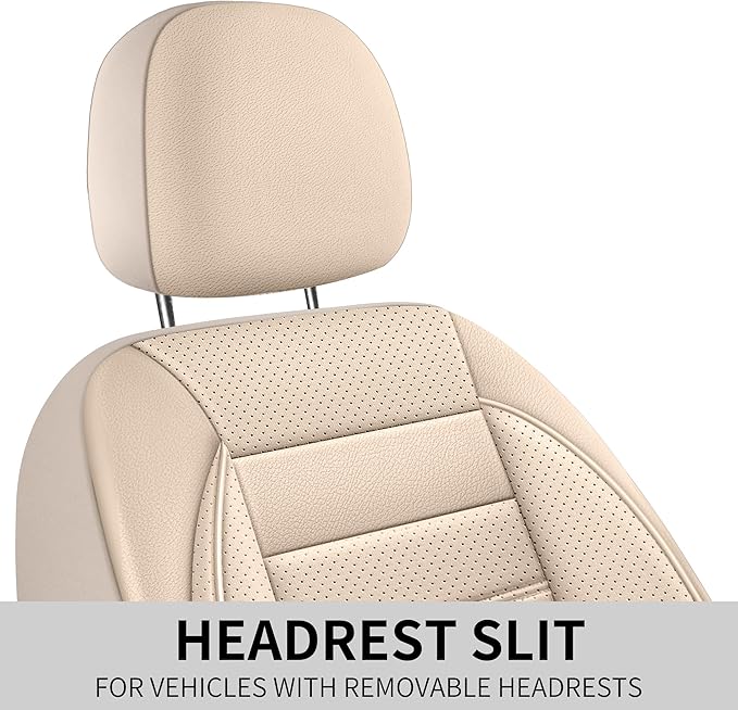 Leather Car Seat Covers Front Seats Only, 3D Foam Support Car Seat Covers, Universal fit for Trucks Vans SUVs Sedans Automotive Comfortable, Airbag Compatible (2PCS Front, Beige)