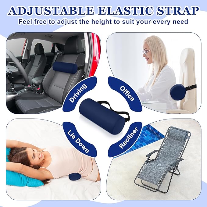 Wenqik 2 Pcs Lumbar Support Pillow Lumbar Roll Lower Pillow Office Seat Cushion with Adjustable Strap and Washable Cover for Travel Gaming Chair Car Seat Pain Relief (Blue)