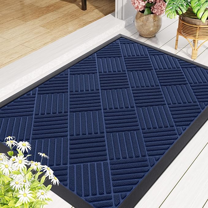 Smiry Front Door Mat Outside Entrance, Heavy Duty Outdoor Indoor Natural Rubber Doormat, Non Slip, Trap Dirt and Moisture, Easy Clean, Low Profile Patio Porch Entryway Mat, 71x23, Navy Blue