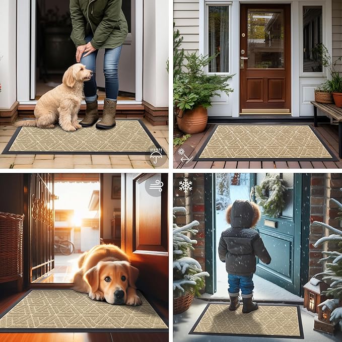 Smiry Front Door Mat Outside Entrance, Heavy Duty Sturdy Natural Rubber Doormat, Trap Dirt and Moisture, Easy Clean Low Profile Mats for Indoor Outdoor Entry, Grid Geometric (47x32, Beige)