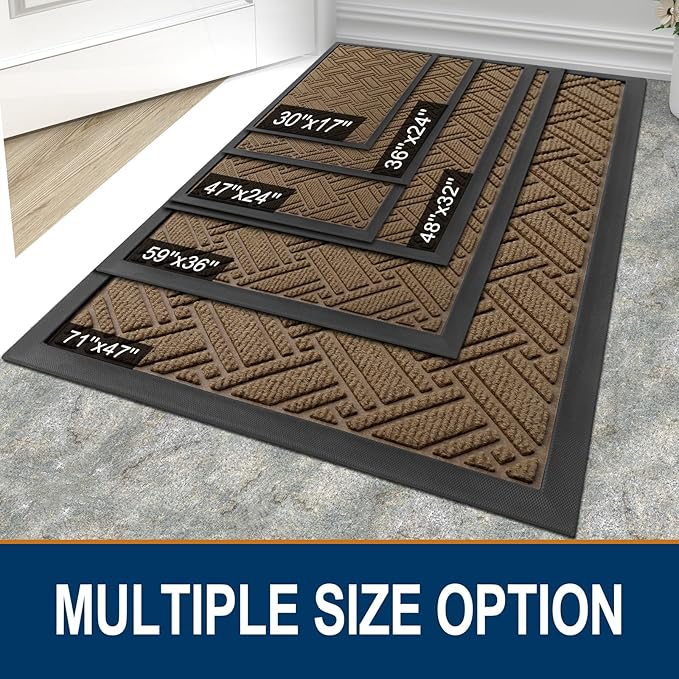 OLANLY Indoor Outdoor Mat, Sturdy Natural Rubber Floor Mat, Non Slip Low Profile Waterproof Doormat, and Stain Front Door Mats, Easy Clean Patio Entrance Mat, 30''x17'', Light Brown