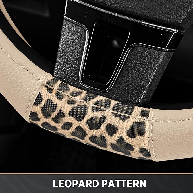 Road Comforts D-Type Steering Wheel Cover - Made with PVC Leather and Leopard Fabric - Universal Fit for 15-Inch D-Shaped Automotive Steering Wheels (Milky White)
