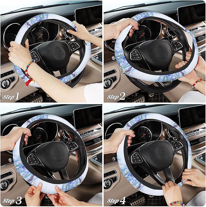 White Daisy Flowers and Butterfly Car Steering Wheel Cover for Women Men with 2 Pcs Car Coasters,Universal 15 Inch Steering Wheel Covers Anti-Slip and Practical Auto Accessories Fit Auto,Suvs
