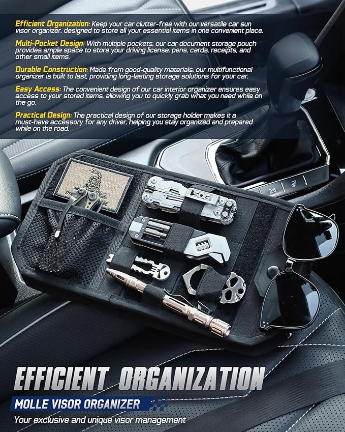 WYNEX Molle Car Sun Visor Organizer, Original Design Car Accessories with Zipper Visor Storage Pouch & Glasses Clip, Semi-Rigid Molle Panel for Tactical Gears, Fits Most Vehicles, SUVs, Trucks