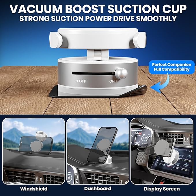 Upgraded 360° Adjustable Vacuum Magnetic Phone Holder, Vacuum Magnetic Suction Phone Mount with Clamp Foldable Phone Holder for Car/Gym/Mirror/Smooth Surface, Suitable with All Smartphones (White)