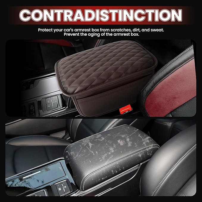 Upgraded Car Center Console Cover,Microfiber Leather Car Armrest Cover Cushion with 2 Storage Bags,Universal Car Armrest Storage Box Car Interior Accessories for Most Vehicles (Brown)