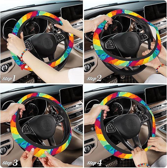 Rainbow Peace Signs Car Steering Wheel Cover, Non-Slip Absorbing Sweat Car Wheel Cover Accessories for Men Women,Universal 15" Fit Auto SUV Vans Trucks
