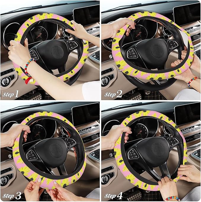 Abstract Sunflower Car Steering Wheel Cover, Non-Slip Absorbing Sweat Car Wheel Cover Accessories for Men Women,Universal 15" Fit Auto SUV Vans Trucks