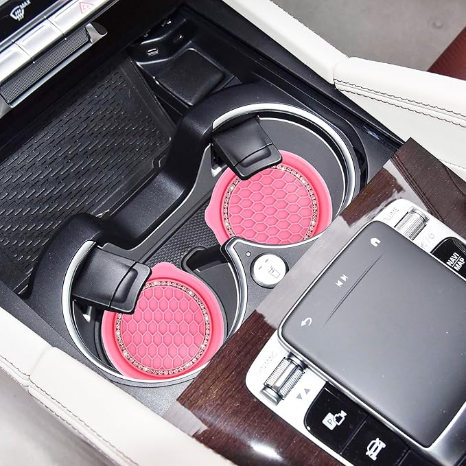 Amooca Car Cup Coaster Universal Non-Slip Cup Holders Bling Crystal Rhinestone Car Interior Accessories 2 Pack Peach Pink