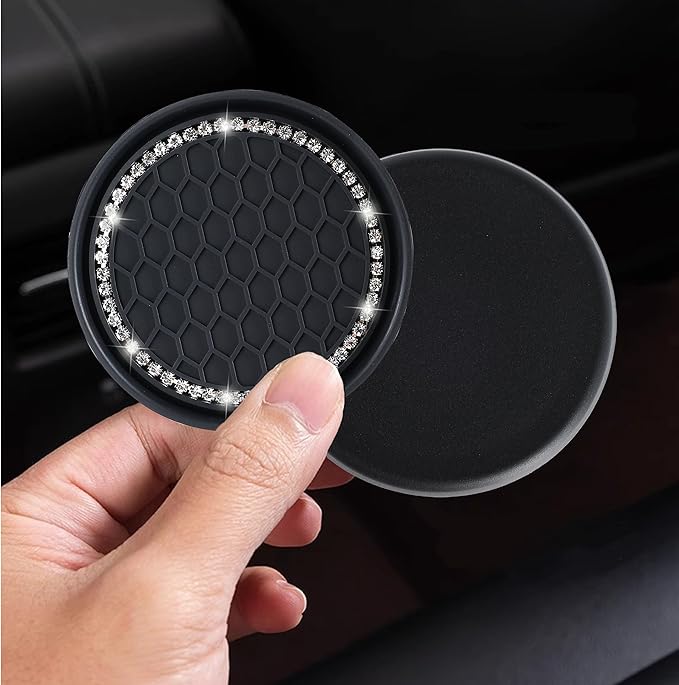 Amooca Car Cup Coaster 4 Pack Universal Non-Slip Cup Holders Insert Coasters Bling Crystal Rhinestone Car Interior Accessories Black Grid