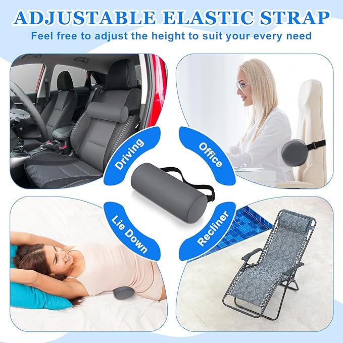 Wenqik 2 Pcs Lumbar Support Pillow Lumbar Roll Lower Pillow Office Seat Cushion with Adjustable Strap and Washable Cover for Travel Gaming Chair Car Seat Pain Relief(Grey)