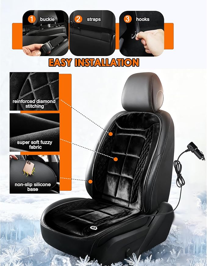 Ultra Soft Velvet Plush Car Seat Cover - Comfortable Driving in Winter, Front Seat Cushion with Non-Slip Back, Universal Fit for All Vehicles Trucks SUVs Vans Campers RVs School Bus (Black 1PCS)