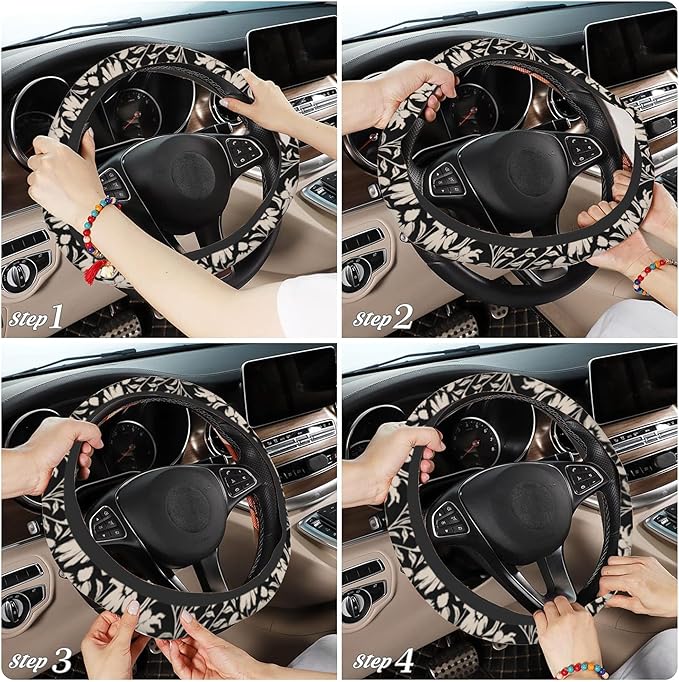 Abstract Flower Steering Wheel Cover, Elastic Non-Slip Steering Wheel Protector,Auto Interior Decor for Women Girls,Universal 15" Fit for Sedans,Trucks