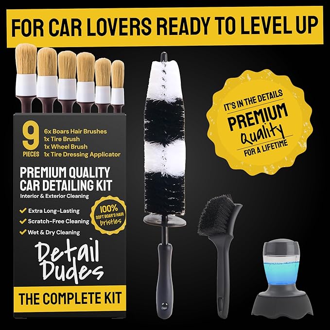 Soft Boar Hair Car Detailing Brush Set - 3-Pack, Brown - Car Detailing Kit for Versatile Uses - Soft Bristles Cleaning Brush - Water-Resistant Handles