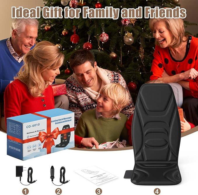 Portable Back Massager with Heat & Vibration - Deep Tissue Pain Relief for Shoulder, Back, Lower Back and Thighs - Office Chair Massage Pad, Ideal Gift for Men and Women