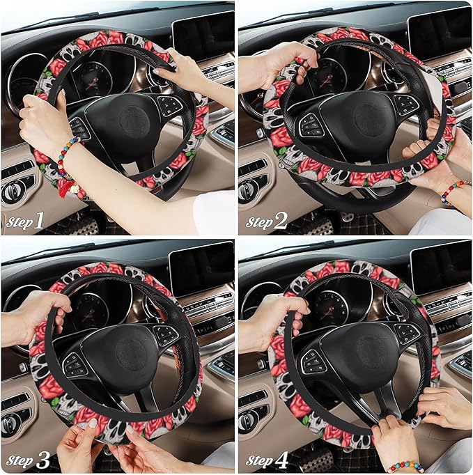 Watercolor Skull and Roses Car Steering Wheel Cover, Non-Slip Absorbing Sweat Car Wheel Cover Accessories for Men Women,Universal 15" Fit Auto SUV Vans Trucks