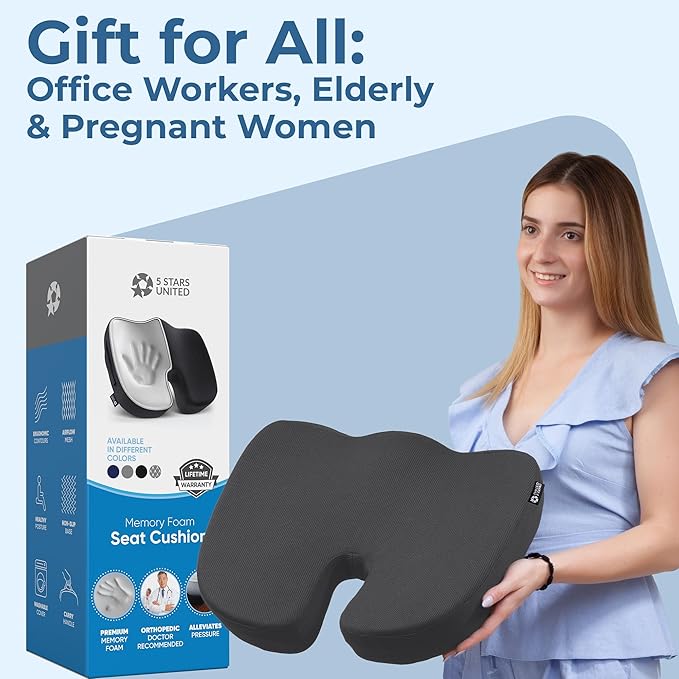 5 STARS UNITED Seat Cushion for Tailbone Pain Relief โ Memory Foam Cushion for Coccyx, Hip, Hemorrhoid, Sciatica & Post-Surgery Recovery โ Wheelchair, Car, Desk, Gaming & Office Chairs, D Gray