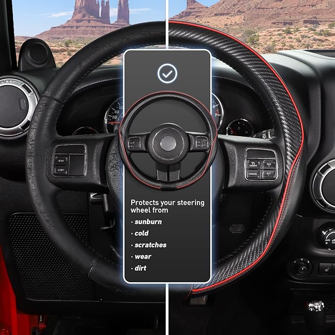 SEG Direct Car Steering Wheel Cover Large-Size for F150 F250 F350 Ram 4Runner Tacoma Tundra Range Rover with 15 1/2"-16" Outer Diameter Leather with Carbon Fiber Pattern Black and Red