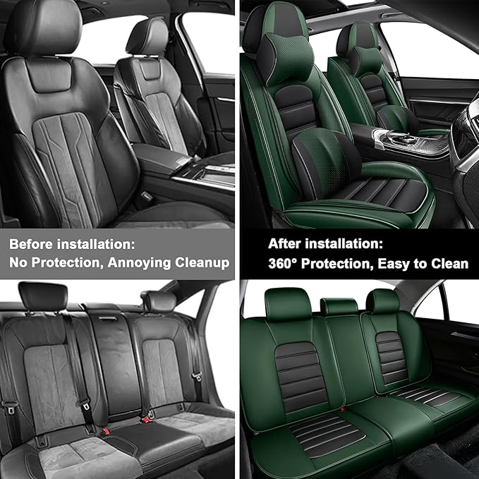 5 Car Seat Covers for Toyota RAV4 2000-2026 Breathable Leather,Waterproof Car Seat Protectors with Comfort Headrest Pillows,Automotive Vehicle Cushion with Storage Pockets (Luxury,Green)