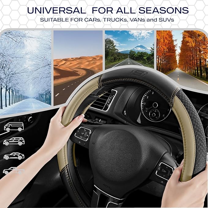Skechers Air-Cooled Steering Wheel Cover,Leather Car Steering Wheel Cover Universal Fit 14" 1/2-15" Car Wheel Protector for Men Women Fit Suvs,Vans,Sedans,Car,Trucks,Beige