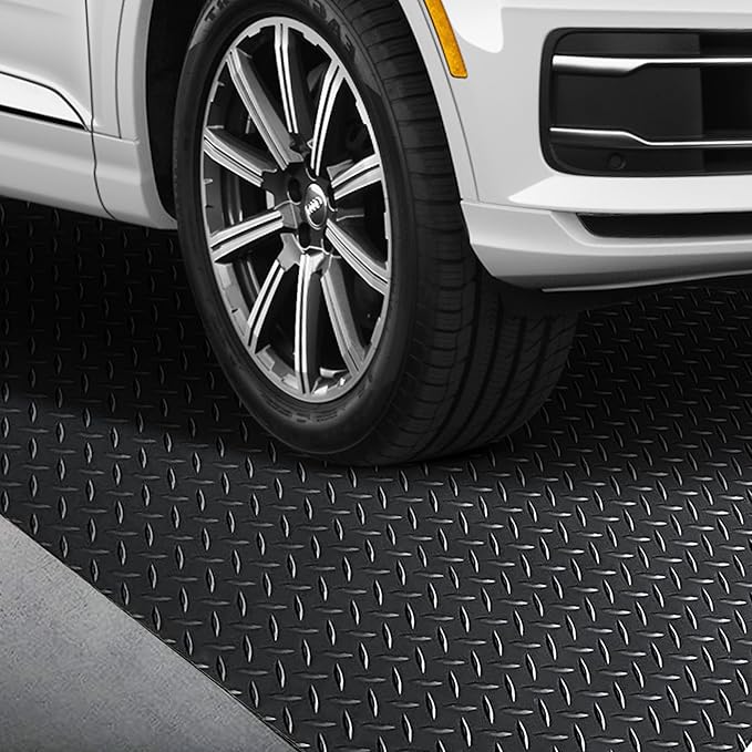 OrangeStar 4 x 10 Ft Garage Floor Mat, Diamond Plate PVC Garage Flooring Roll for Under Car, Heavy Duty Parking Mats, Black