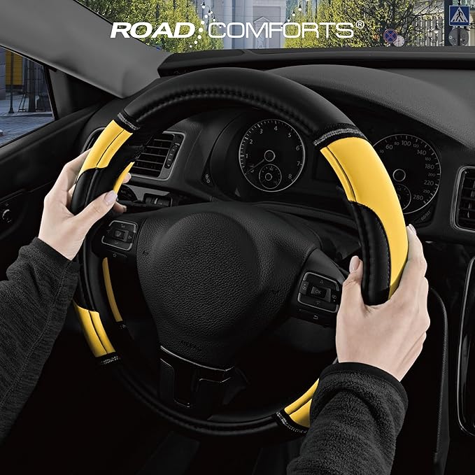 Road Comforts Leather Steering Wheel Cover - Made with PVC Leather - Anti-Slip, Universal Fit 14 1/2 inches to 15 inches - Yellow