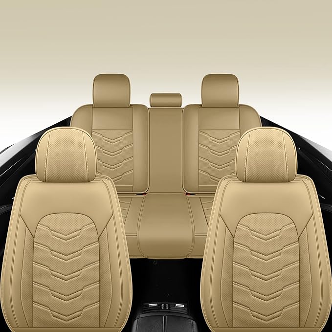 AOOG Leather Car Seat Covers Universal fit Most Sedans SUV Trucks (Full Set, Beige)