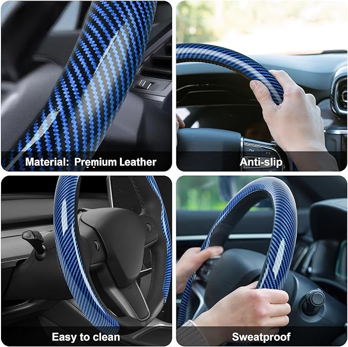 frani Leather Steering Wheel Cover, Universal 15 Inch Premium Non-Slip Steering Wheel Cover Blue Carbon Fiber Texture