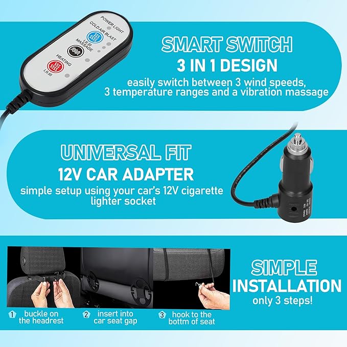 3 in 1 Winter and Cooling Car Seat Cover with Massage, Summer Cooling Seat Covers for Cars Front Seats, 12V Leather Cooling Car Seat Cushion Ventilated 16 Fans Seat Cooler (Black)