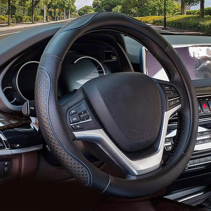 Valleycomfy Leather Steering Wheel Covers Universal 15 inch -Breathable, Anti Slip & Odor Free (Black with Blue Lines,M(14" 1/2-15" 1/4))