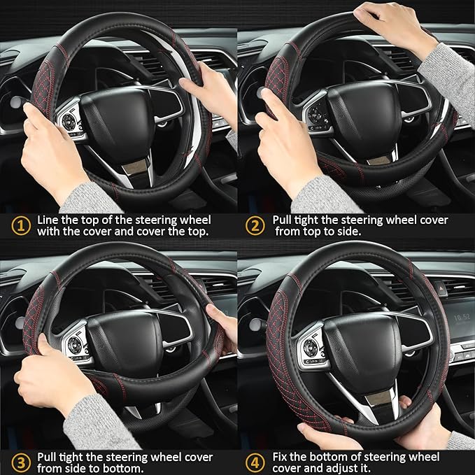 West Llama Microfiber Leather Car Steering Wheel Cover Universal Fit 15-15.5 inch SUV,Sedan,Car,Trucks(Black+Red Line-M-Large Size)