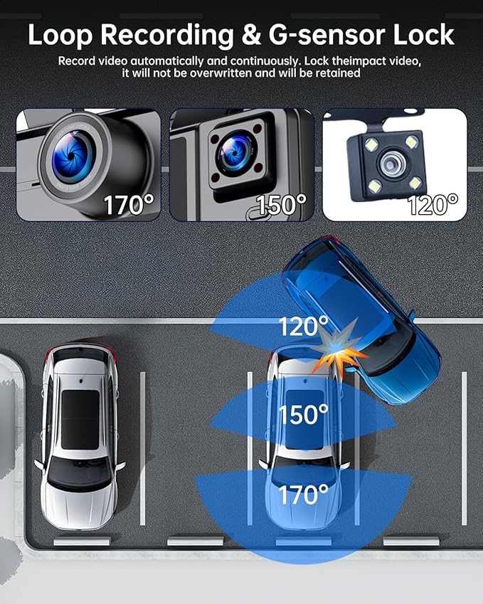 3 Channel Dash Cam Front and Rear, 1080P Dash Camera for Cars, Dashcam Three Way Triple Car Camera with IR Night Vision, Loop Recording, G-Sensor, HDR, 24 Hours Recording