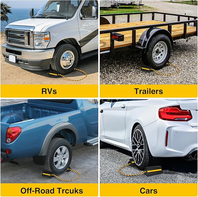 Nilight Wheel Chocks RV Car Heavy Duty Rubber Tire Chock Blocks Stopper Yellow Reflective Strips Stabilizer 4 Pack with Rope for RVs Cars Travel Trailers Campers Trucks Motorcycle Accessories Parking