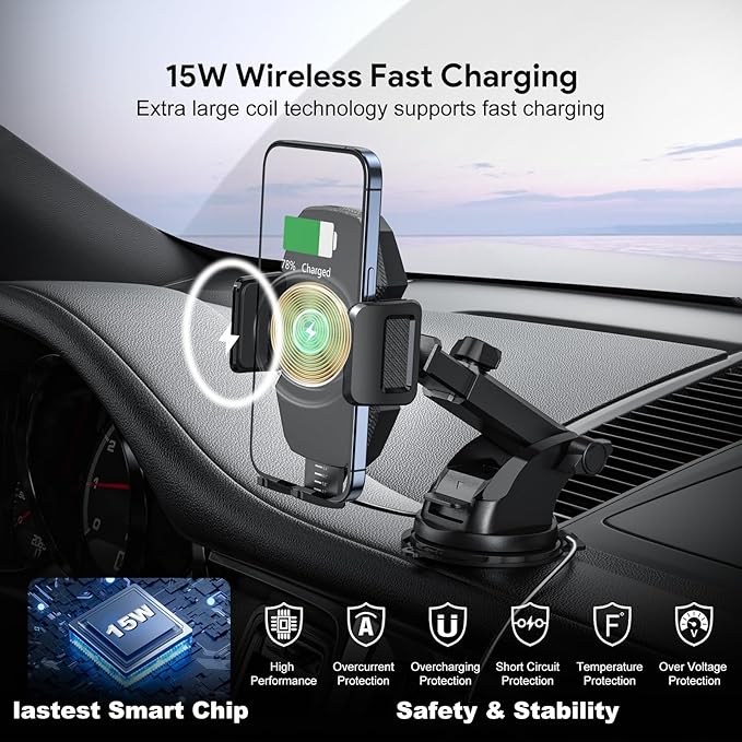Esoulk Wireless Car Charger Phone Holder – 15W Fast Charging Holder with Auto Clamping, One-Touch Release, Dashboard & Windshield Mount – for iPhone 17/16/15/14/13 Pro Max, Samsung Galaxy S24/S23/S22