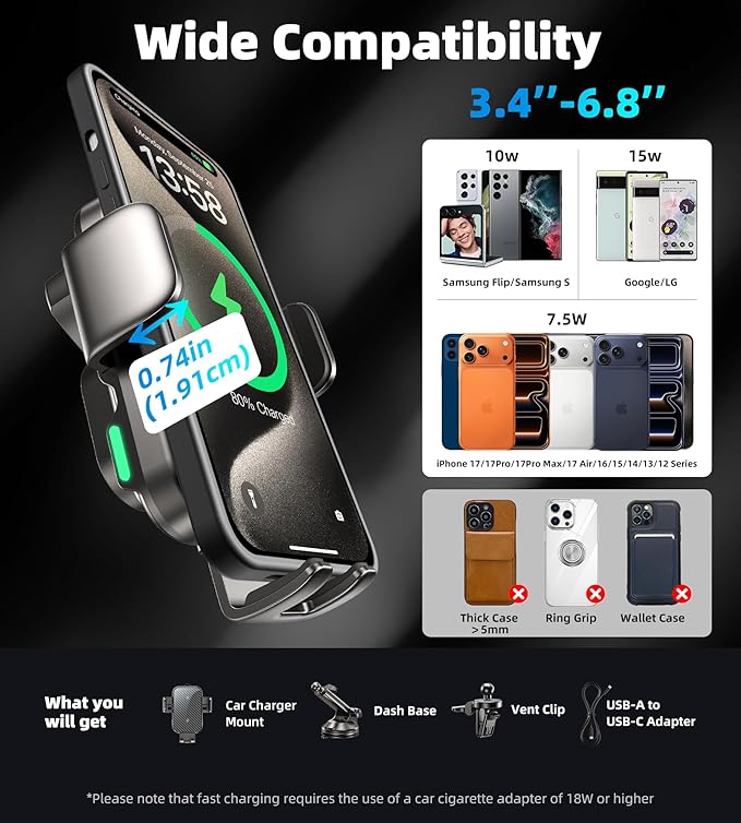 Dual Coil 15W Car Phone Holder Wireless Car Charger -Auto Clamping- Charging Phone Holders for Your Car Dash Vent Windshield, for Flip S25/S24/S23/S22, iPhone 17/16/15/14